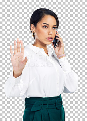 Buy stock photo Phone call problem, angry and business woman discussion on conflict, crisis or conversation. Stop gesture, professional and frustrated person talking on mobile isolated on transparent, png background