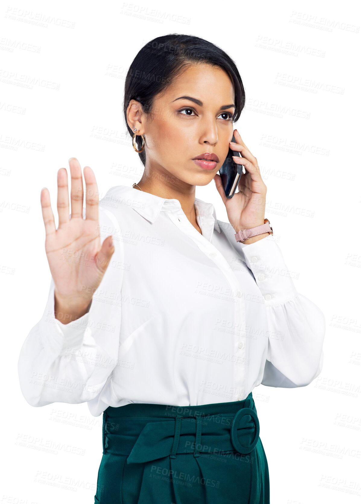 Buy stock photo Phone call problem, angry and business woman discussion on conflict, crisis or conversation. Stop gesture, professional and frustrated person talking on mobile isolated on transparent, png background