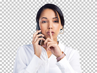 Buy stock photo Phone call, quiet gesture and business portrait of woman talk on secret communication, confidential discussion or conversation. Hush, professional and person isolated on transparent, png background