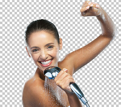 Buy stock photo Isolated woman, singing and portrait in shower with water drop, cleaning and smile by transparent png background. Girl singer, bathroom and clean body for wellness, hygiene and health with happiness