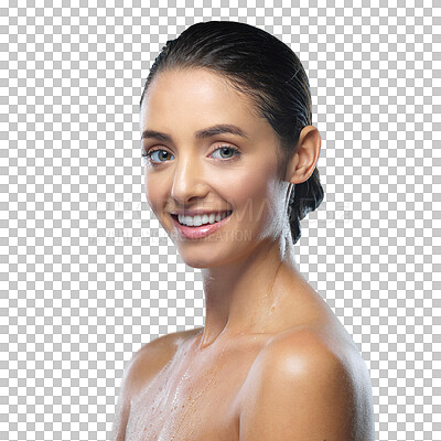 Buy stock photo Beauty, skincare and shower with portrait of woman on transparent background for cosmetics, spa treatment and dermatology. Salon, self care and grooming with face of person isolated on png for glow