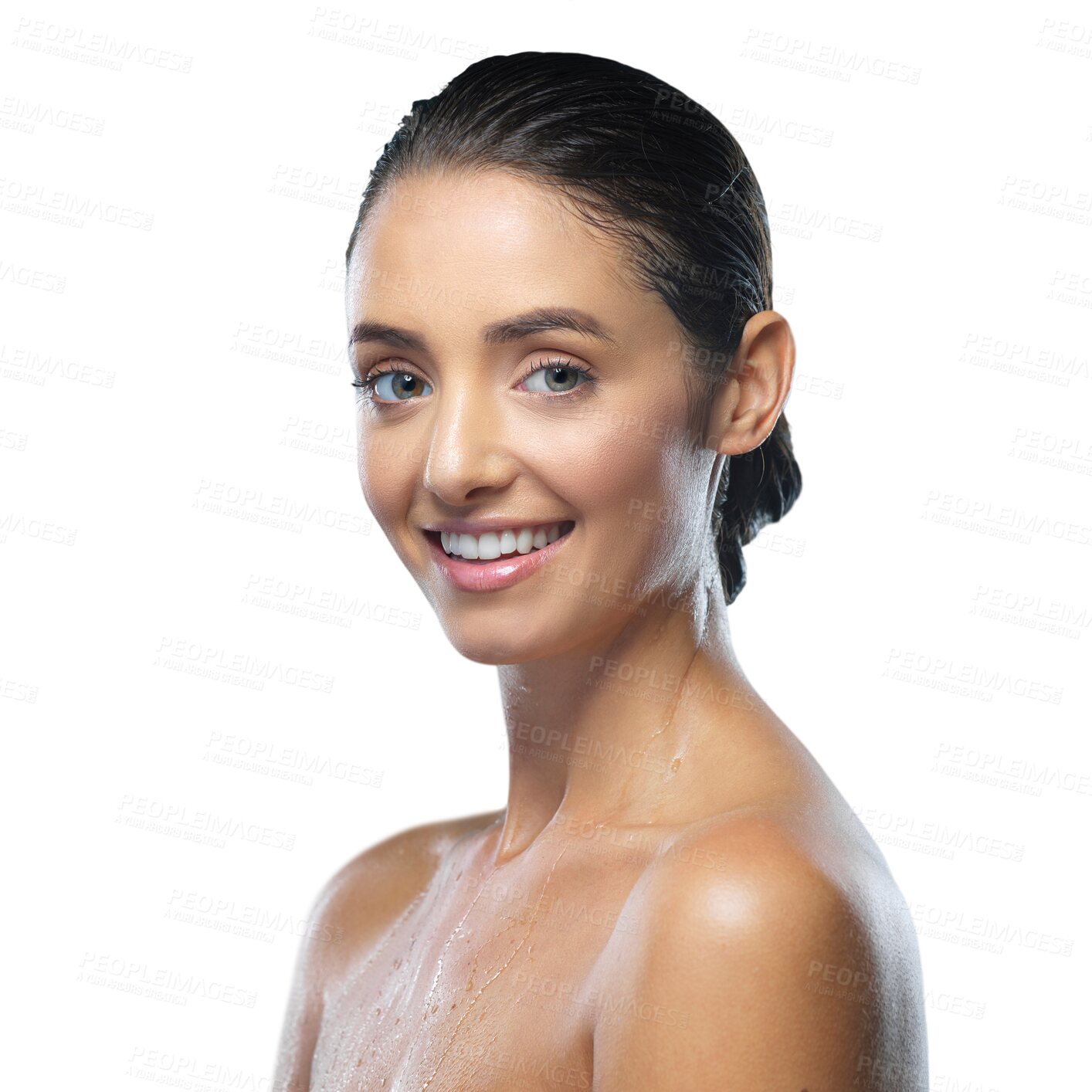 Buy stock photo Beauty, skincare and shower with portrait of woman on transparent background for cosmetics, spa treatment and dermatology. Salon, self care and grooming with face of person isolated on png for glow