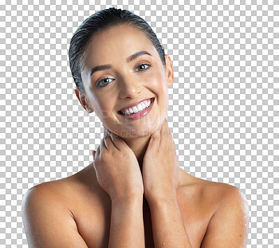 Buy stock photo Beauty, skincare and smile with portrait of woman on transparent background for cosmetics, spa treatment and dermatology. Salon, self care and grooming with face of person isolated on png for glow