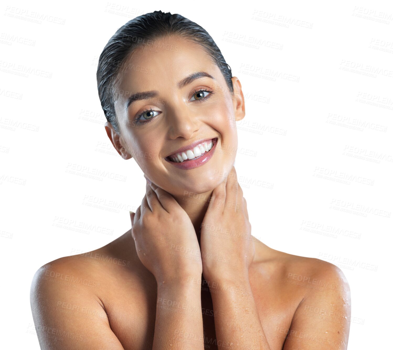 Buy stock photo Beauty, skincare and smile with portrait of woman on transparent background for cosmetics, spa treatment and dermatology. Salon, self care and grooming with face of person isolated on png for glow