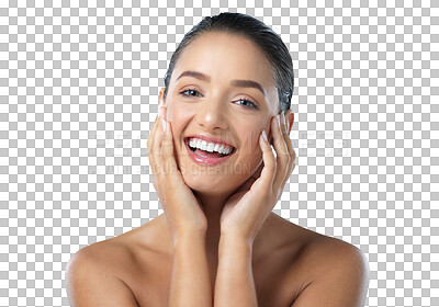 Buy stock photo Portrait, woman and smile with hands, skincare and natural beauty with facial, cosmetics or care on transparent, isolated or png background. Girl, touch face and happy with skin in spa or salon