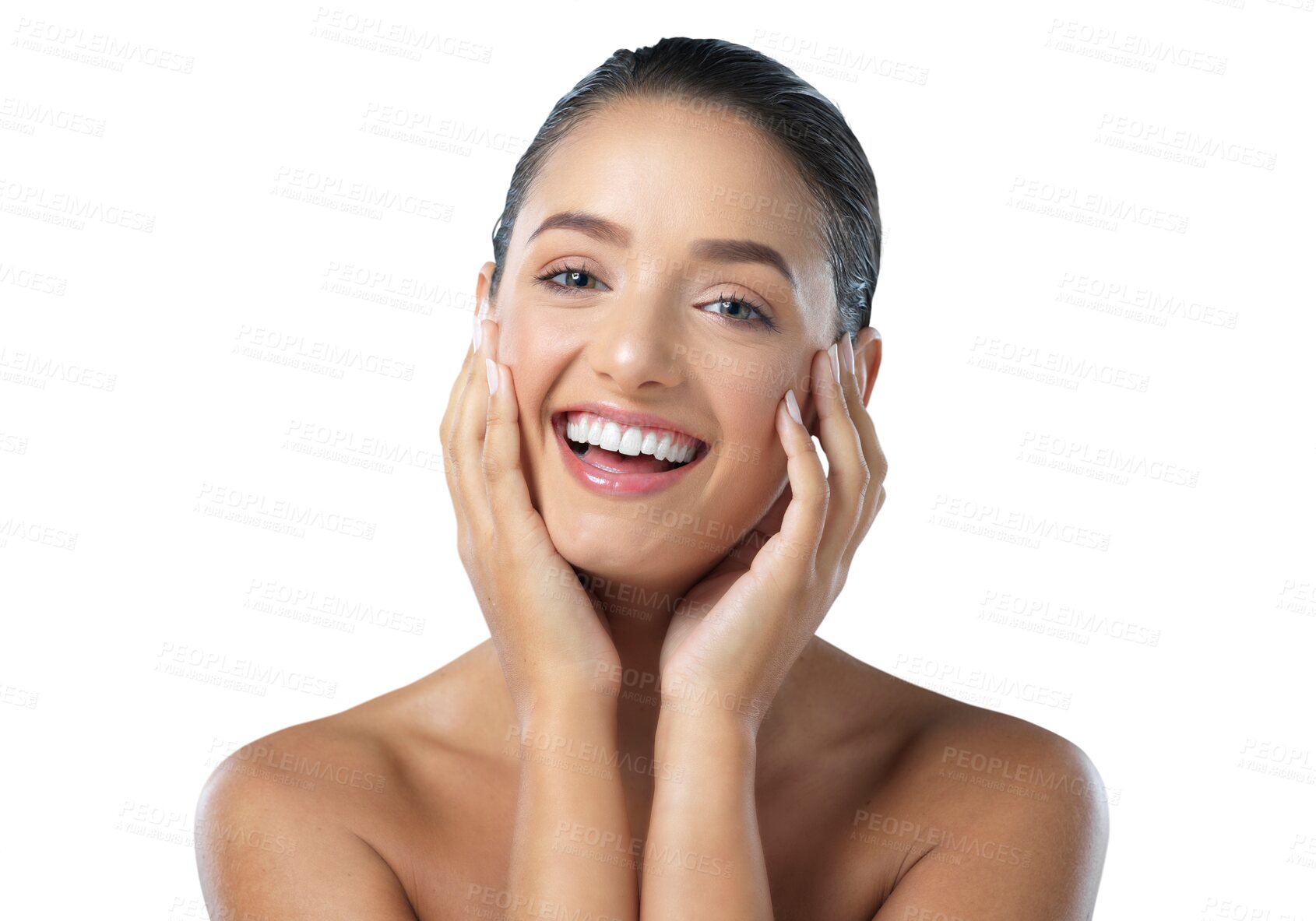 Buy stock photo Portrait, woman and smile with hands, skincare and natural beauty with facial, cosmetics or care on transparent, isolated or png background. Girl, touch face and happy with skin in spa or salon