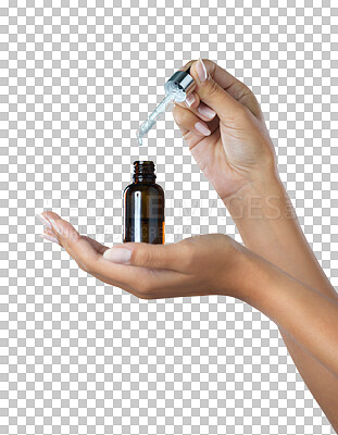 Buy stock photo Isolated hands, serum and drop for skin with closeup, wellness and health by transparent png background. Woman, glass bottle and oil for self care product, skincare or cosmetics liquid for cleaning