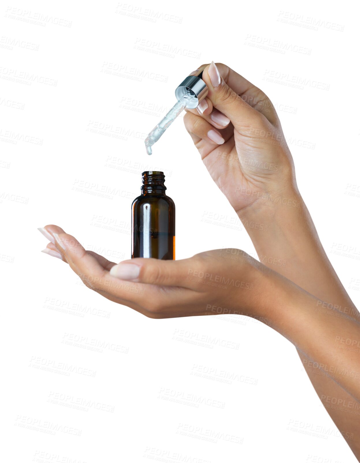 Buy stock photo Isolated hands, serum and drop for skin with closeup, wellness and health by transparent png background. Woman, glass bottle and oil for self care product, skincare or cosmetics liquid for cleaning