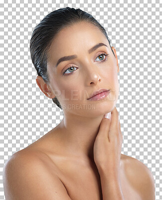 Buy stock photo Face, beauty and skincare of woman thinking isolated on a transparent png background. Touch, natural and serious model with cosmetics in facial treatment for wellness, aesthetic and healthy skin.