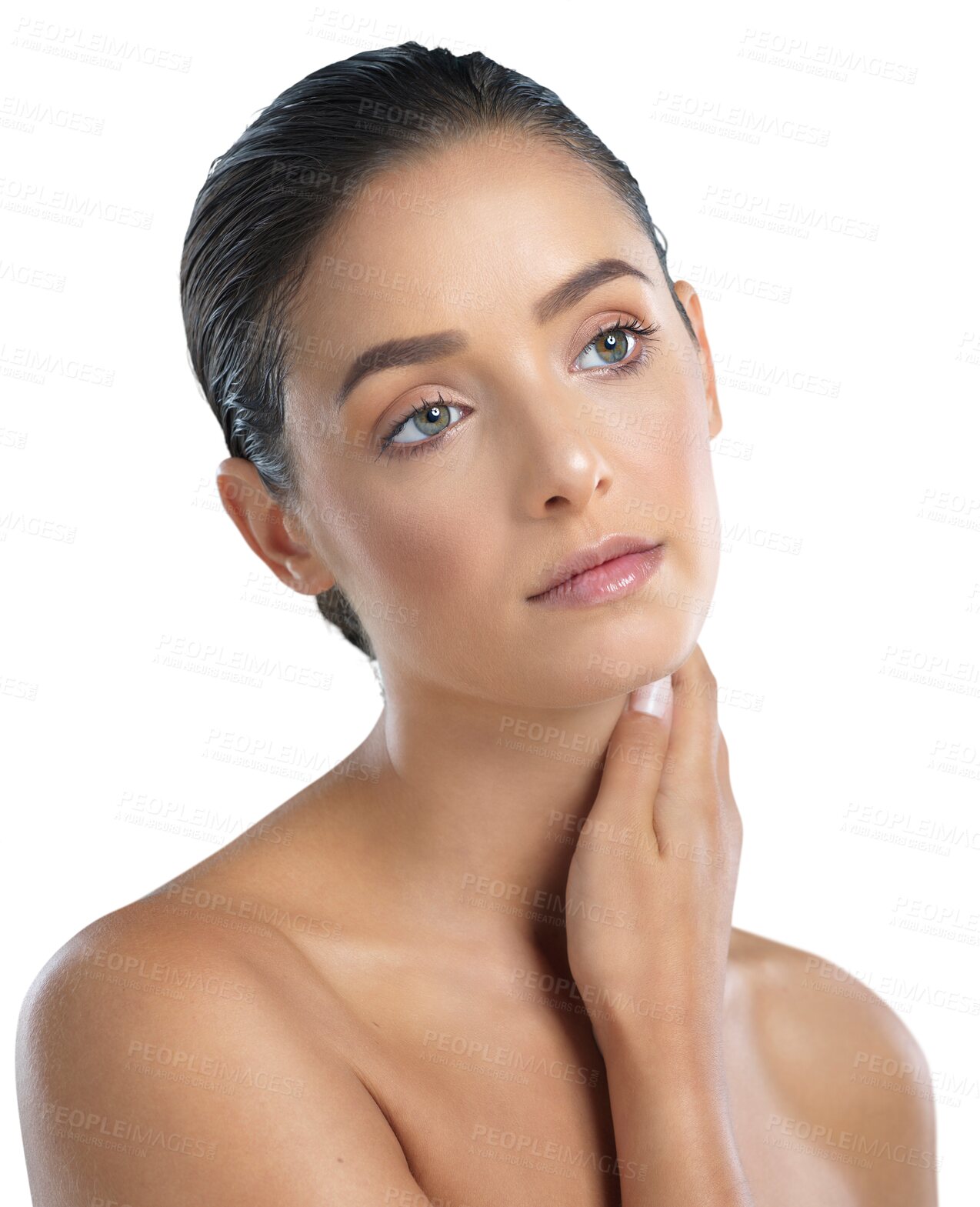 Buy stock photo Face, beauty and skincare of woman thinking isolated on a transparent png background. Touch, natural and serious model with cosmetics in facial treatment for wellness, aesthetic and healthy skin.