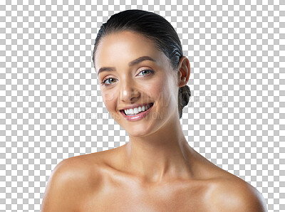 Buy stock photo Beauty, skincare and happy with portrait of woman on transparent background for cosmetics, spa treatment and dermatology. Salon, self care and grooming with face of person isolated on png for glow