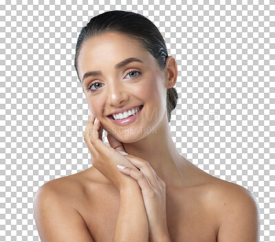 Buy stock photo Beauty, skincare and touch with portrait of woman on transparent background for cosmetics, spa treatment and dermatology. Salon, self care and facial with face of person isolated on png for glow