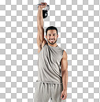 PNG studio portrait of a muscular young man exercising with a kettlebell against a white background