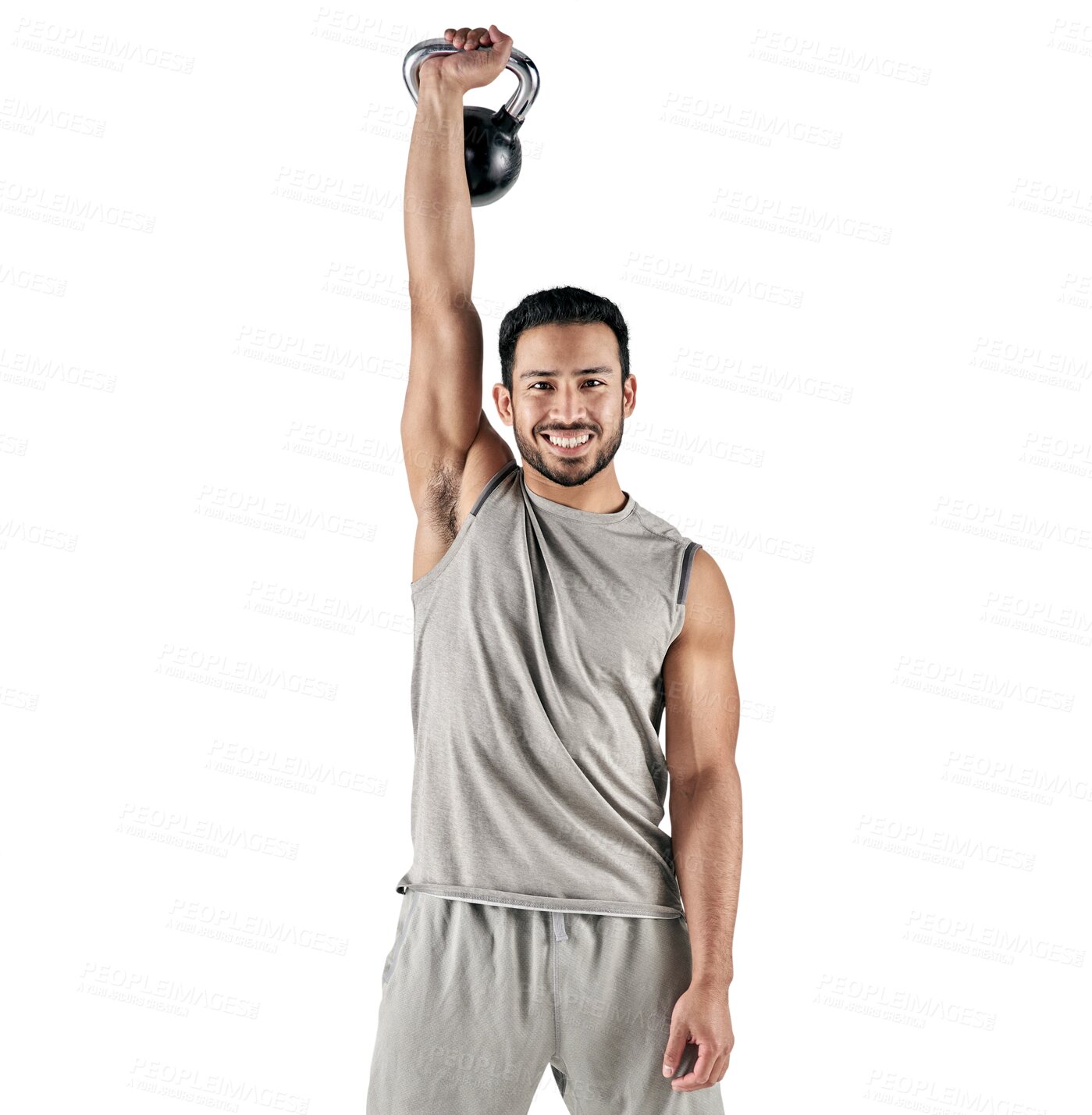 Buy stock photo Portrait, fitness and kettlebell with an athlete man isolated on a transparent background for physical training. Exercise, workout and health with a young male bodybuilder lifting weights on PNG