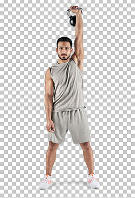 Buy stock photo Portrait, exercise and kettlebell with a man bodybuilder isolated on a transparent background for physical training. Fitness, workout and health with a young male athlete lifting weights on PNG