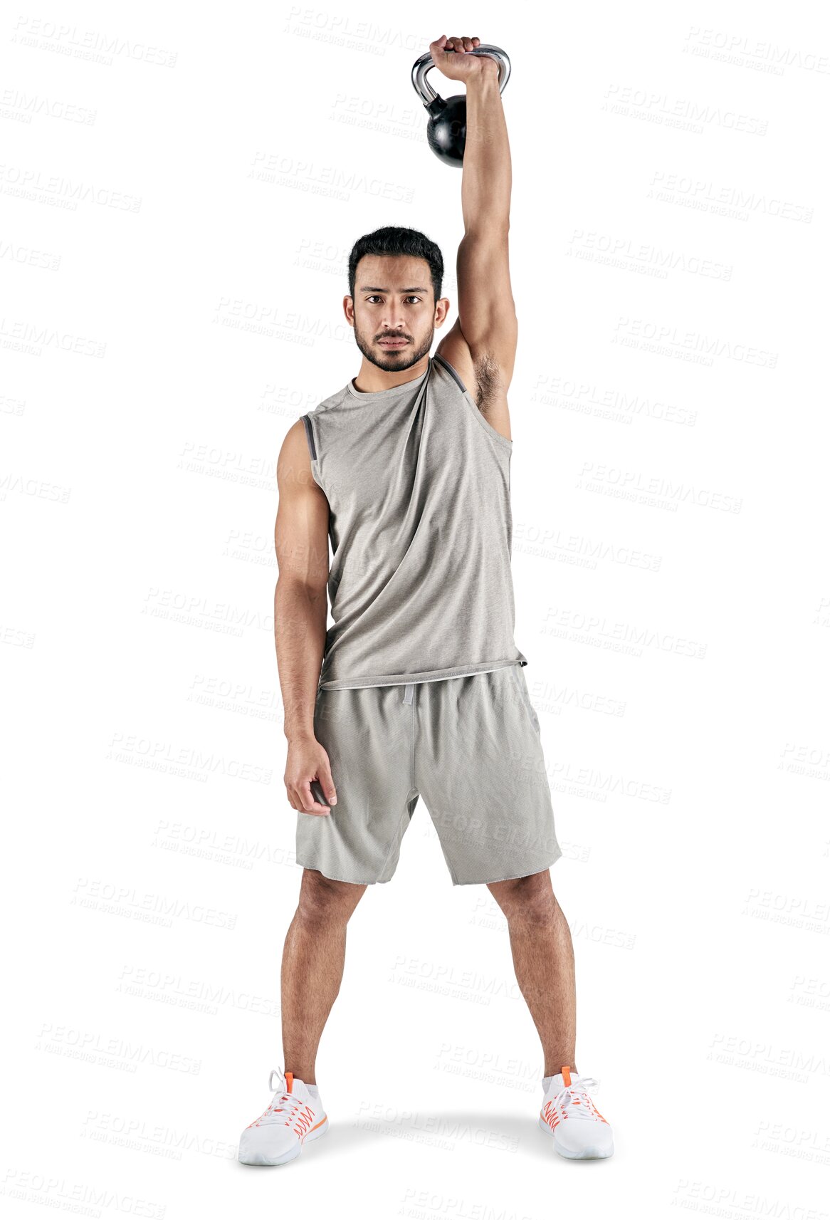 Buy stock photo Portrait, exercise and kettlebell with a man bodybuilder isolated on a transparent background for physical training. Fitness, workout and health with a young male athlete lifting weights on PNG