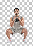 PNG studio portrait of a muscular young man exercising with a kettlebell against a white background