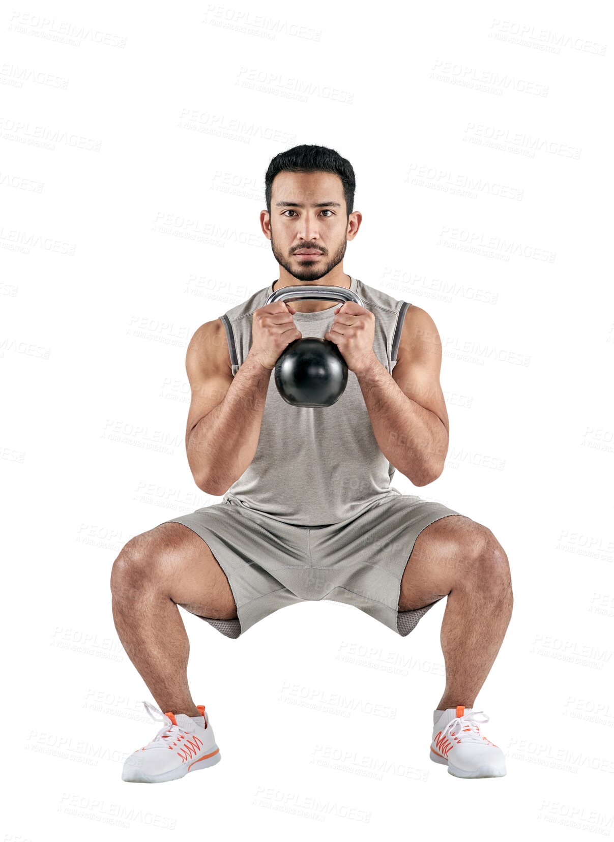 Buy stock photo Portrait, exercise and kettlebell with an athlete man isolated on a transparent background for physical training. Fitness, workout and health with a young male bodybuilder lifting weights on PNG