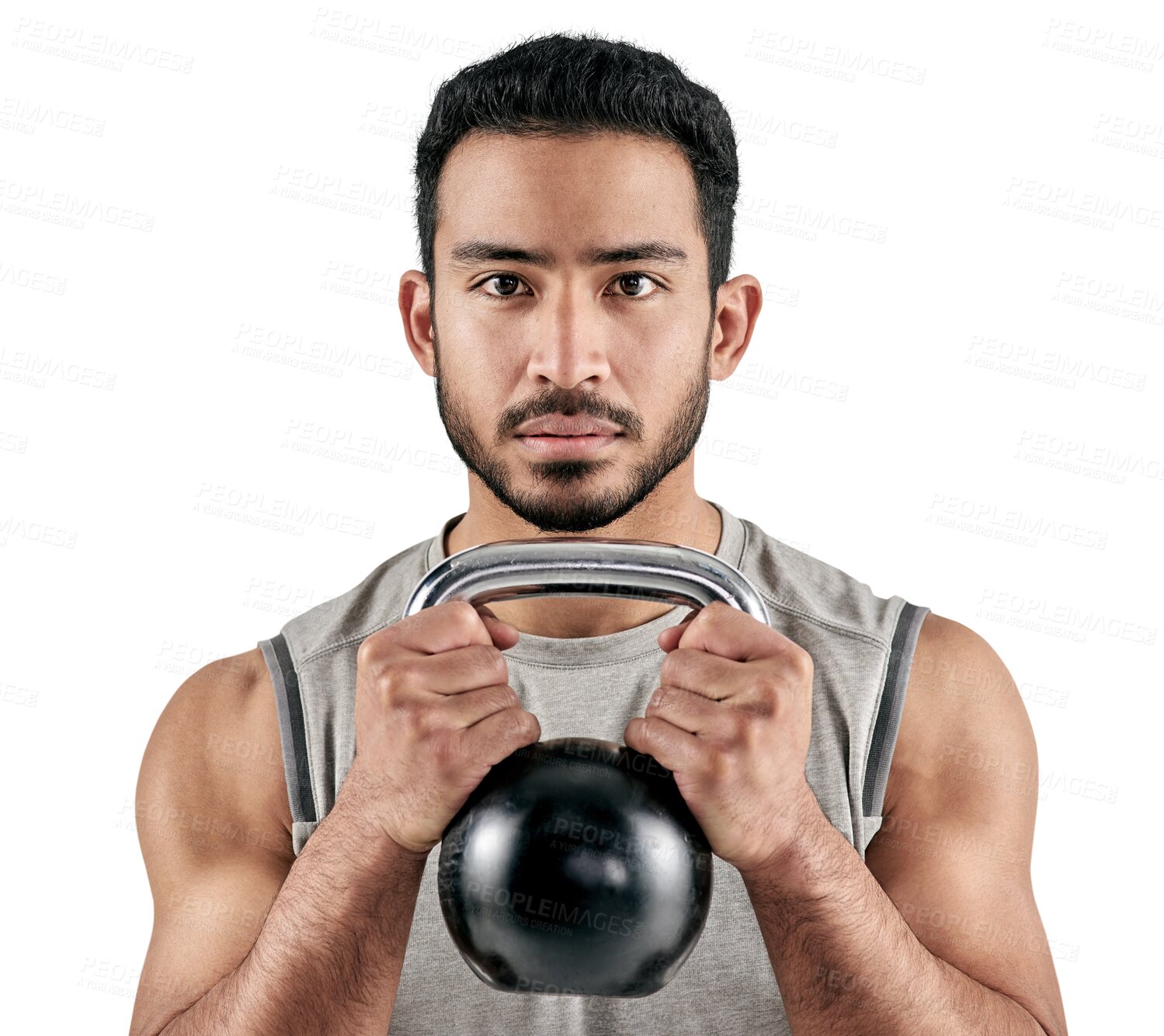 Buy stock photo Portrait, fitness and kettlebell with a man bodybuilder isolated on a transparent background for physical training. Exercise, workout and health with a young male athlete lifting weights on PNG