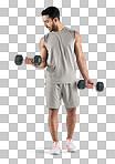 PNG studio shot of a muscular young man exercising with dumbbells against a white background