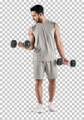 Buy stock photo Weightlifting, gym and fitness with man and dumbbells on transparent background for muscle, strong or workout. Health, training and exercise with male bodybuilder isolated on png for weights and body