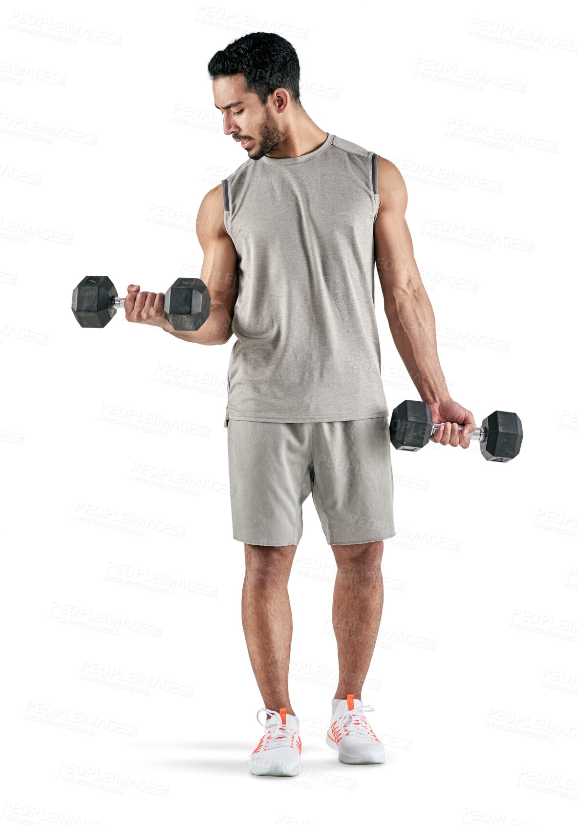 Buy stock photo Weightlifting, gym and fitness with man and dumbbells on transparent background for muscle, strong or workout. Health, training and exercise with male bodybuilder isolated on png for weights and body