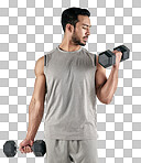 PNG studio shot of a muscular young man exercising with dumbbells against a white backgroundisolated on a transparent PNG background