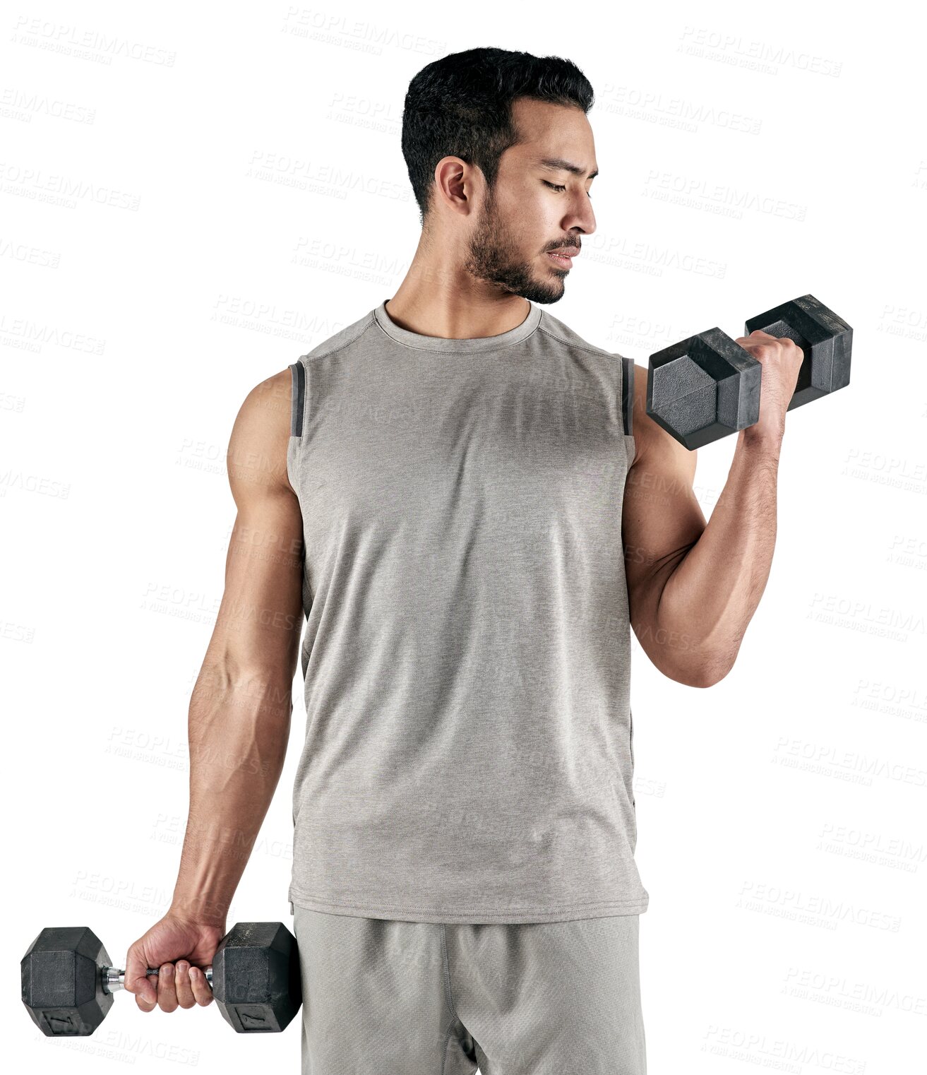 Buy stock photo Weightlifting, muscle and arm with man and dumbbells on transparent background for fitness, strong and workout. Health, training and exercise with male bodybuilder isolated on png for weights and gym