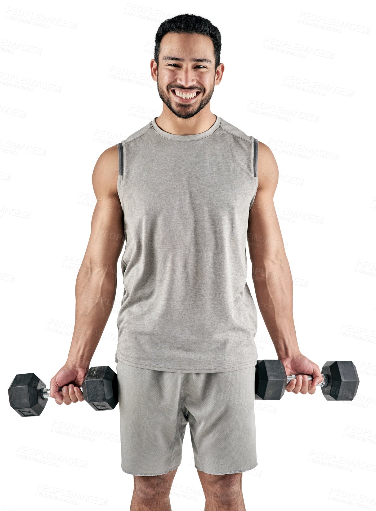 Buy stock photo Weightlifting, portrait and fitness with man and dumbbells on transparent background for muscle, strong or workout. Health, training and exercise with bodybuilder isolated on png for weights and body