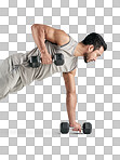 PNG studio shot of a muscular young man exercising with dumbbells against a white backgroundisolated on a transparent PNG background