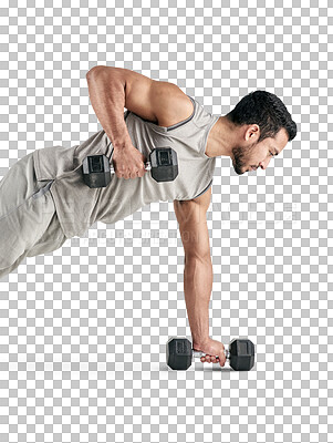 Buy stock photo Weightlifting, gym and floor with man and dumbbells on transparent background for muscle, strong or workout. Health, training and exercise with bodybuilder isolated on png for weights and fitness