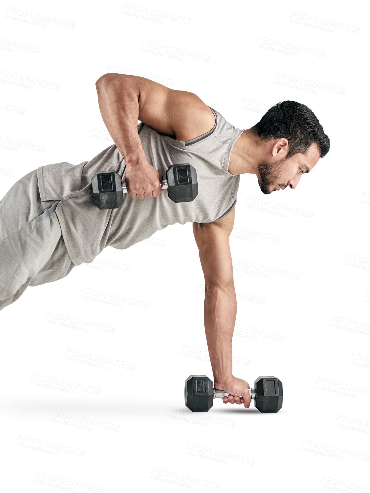 Buy stock photo Weightlifting, gym and floor with man and dumbbells on transparent background for muscle, strong or workout. Health, training and exercise with bodybuilder isolated on png for weights and fitness