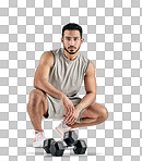 PNG studio portrait of a muscular young man posing with dumbbells against a white background