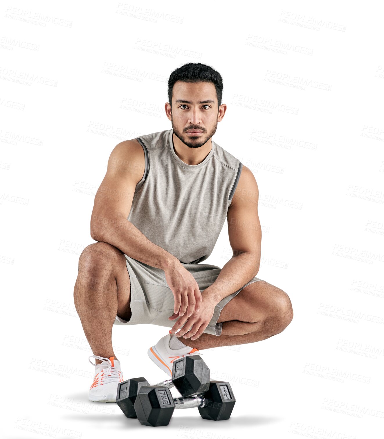 Buy stock photo Weights, fitness and dumbbells with portrait of man on transparent background for training, muscle and workout. Exercise, health and strong with male bodybuilder isolated on png for weightlifting