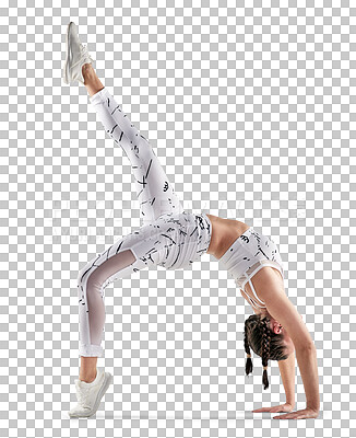 Buy stock photo Yoga, exercise and chakra with a young woman isolated on a transparent background for wellness or balance. Profile, fitness and zen with a young female yogi training on PNG for a health workout