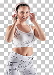 PNG studio portrait of a sporty young woman wearing headphones against a white background