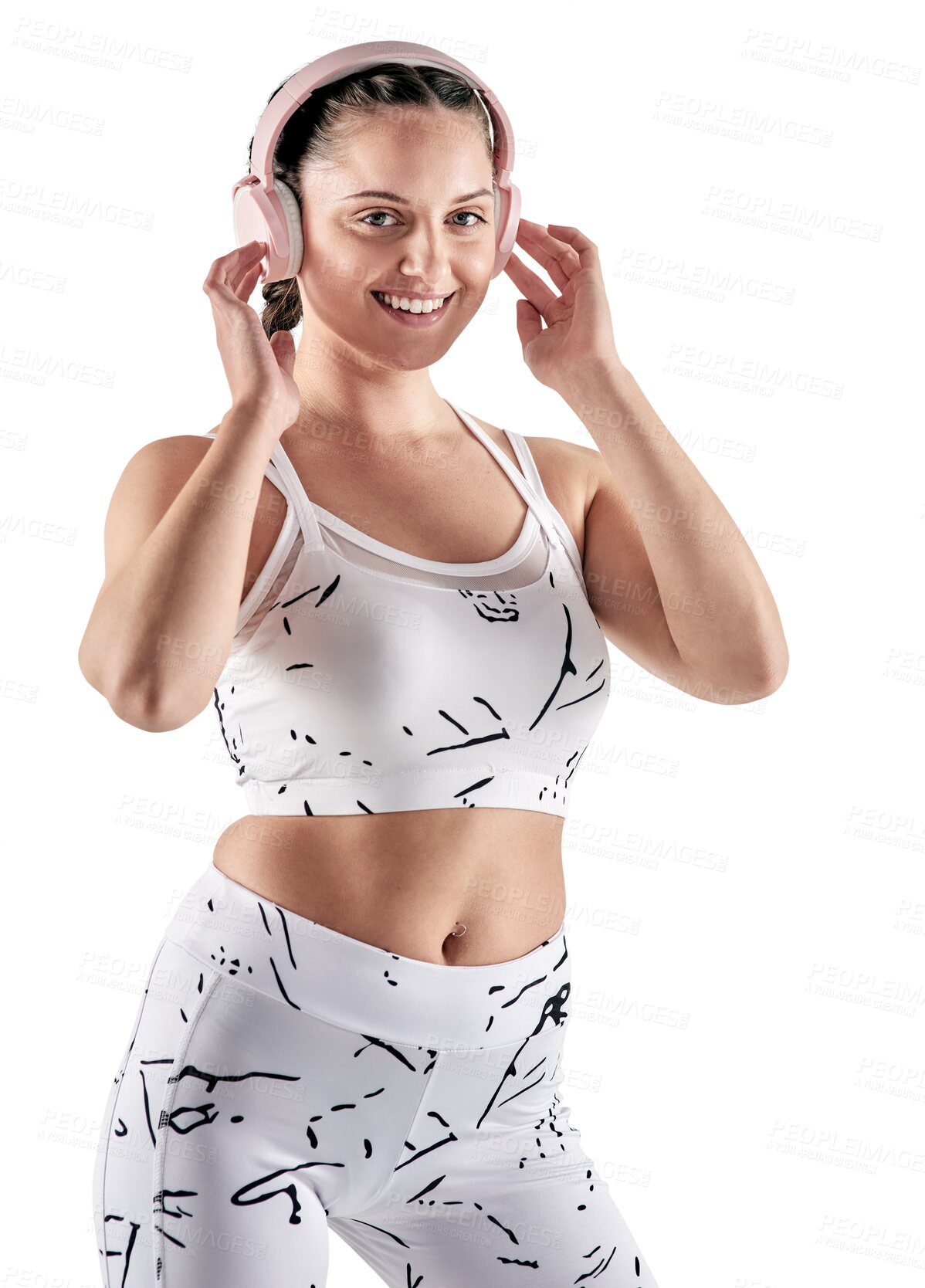 Buy stock photo Portrait, fitness and woman with music headphones isolated on a transparent png background. Radio, listen and happy female athlete streaming podcast, audio or sound after workout, training or sports.