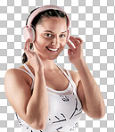 PNG studio portrait of a sporty young woman wearing headphones against a white background