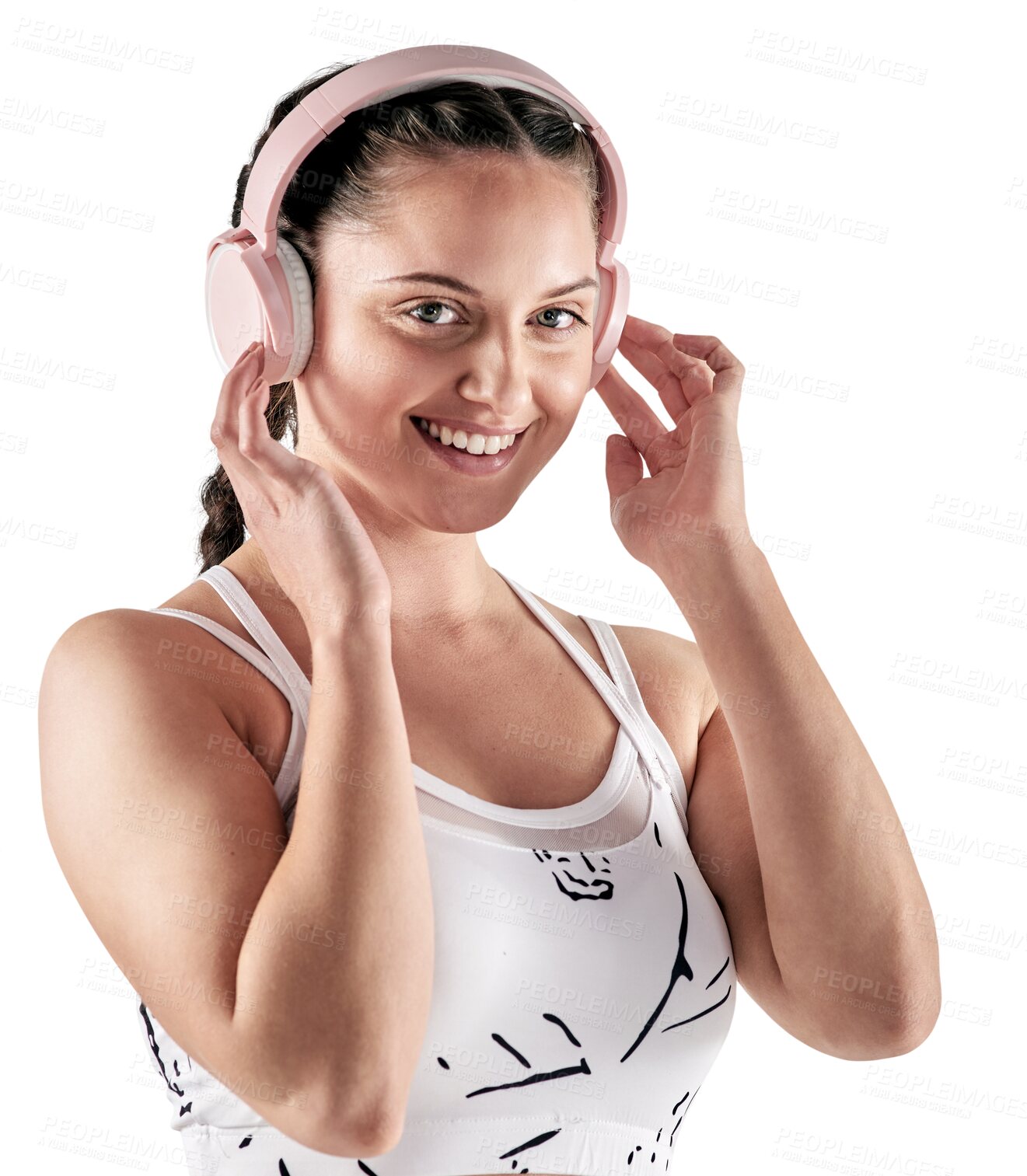 Buy stock photo Exercise, portrait and woman with music headphones isolated on a transparent png background. Radio, face and happy female athlete listen to podcast, audio or sound after workout, training or sports