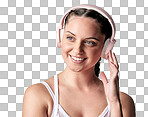 PNG studio shot of a sporty young woman wearing headphones against a white background