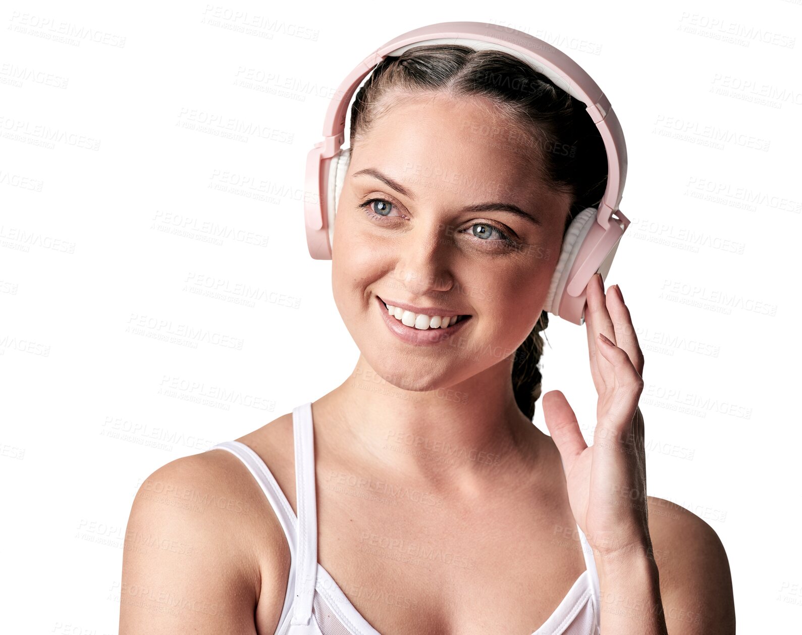 Buy stock photo Face, sports and woman with music headphones isolated on a transparent png background. Radio, thinking and happy female athlete listening to podcast, audio or sound after workout, training or fitness