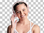 PNG studio portrait of a sporty young woman wearing headphones against a white background