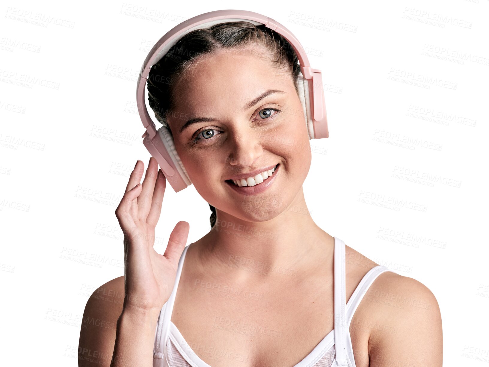 Buy stock photo Fitness, face and woman with music headphones isolated on a transparent png background. Radio, portrait and happy female athlete listening to podcast, audio or sound after workout, training or sports