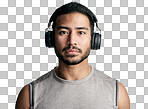 PNG studio portrait of a sporty young man wearing headphones against a white background