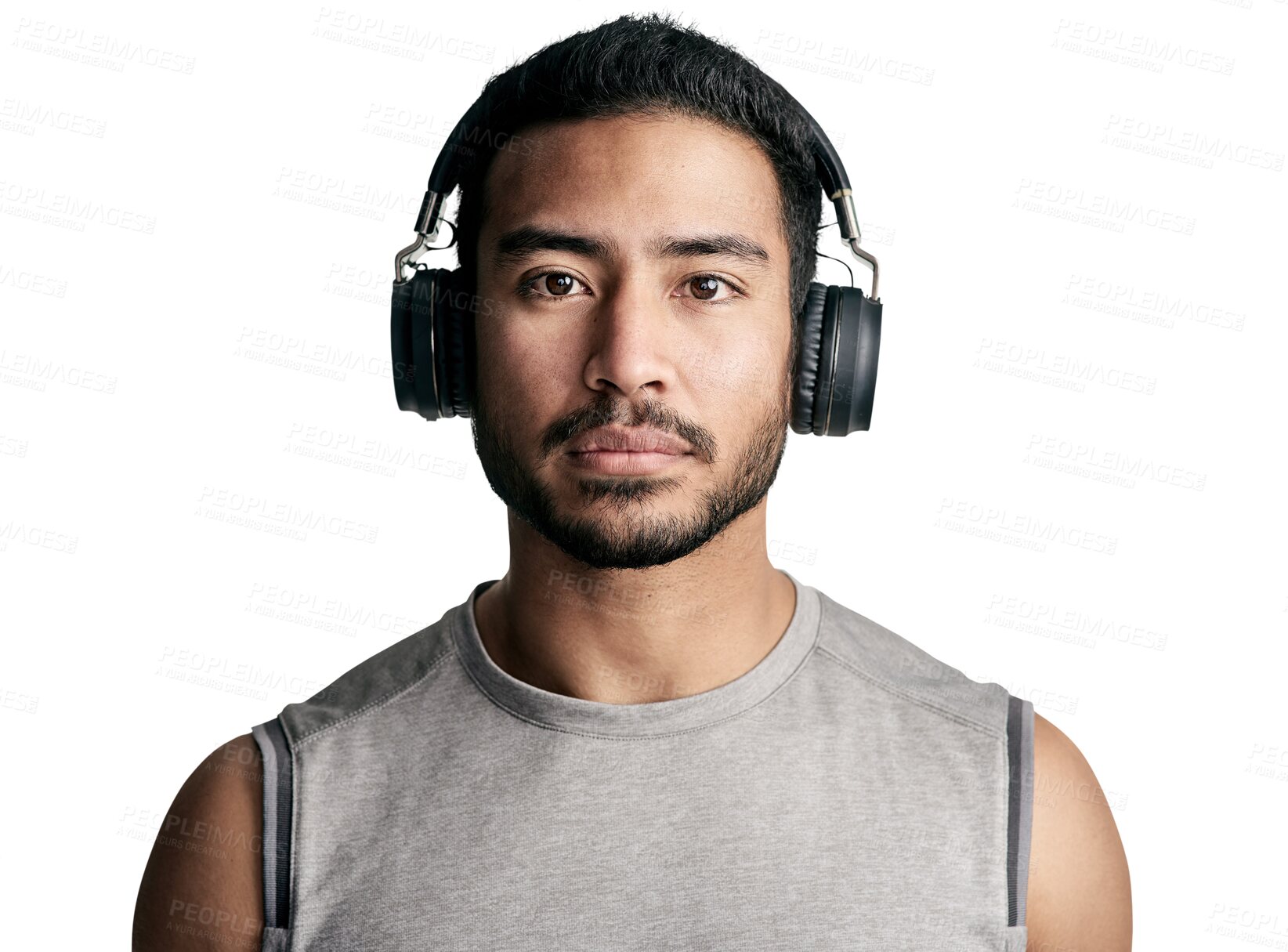 Buy stock photo Face, fitness and man with music headphones isolated on a transparent png background. Radio, portrait and serious Asian athlete listening to podcast, audio or sound after workout, training or sports.