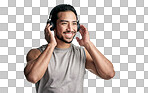 PNG studio shot of a sporty young man wearing headphones against a white background