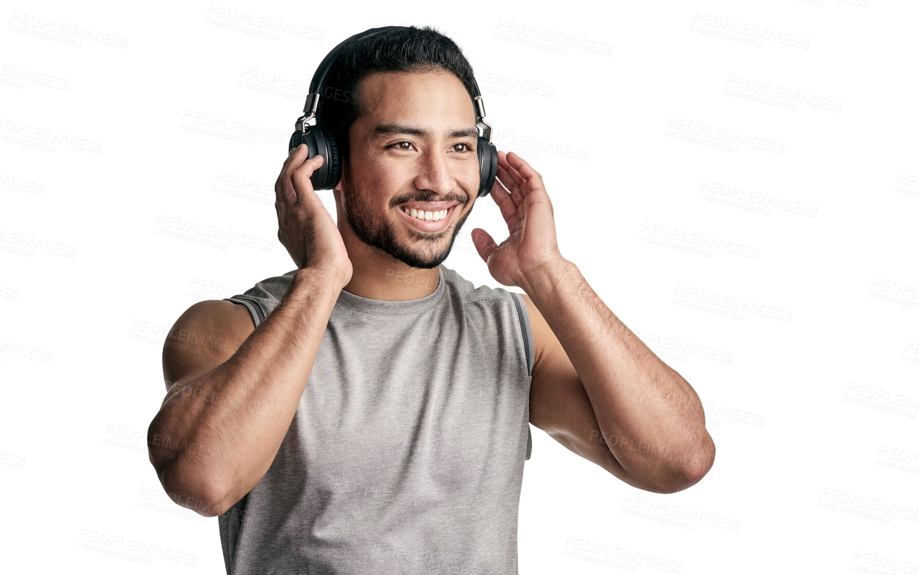 Buy stock photo Happy, fitness and man with music headphones isolated on a transparent png background. Radio, sports and Asian athlete smile listening to podcast, audio or sound after workout, training or exercise.