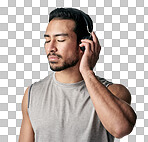 PNG studio shot of a sporty young man wearing headphones against a white background