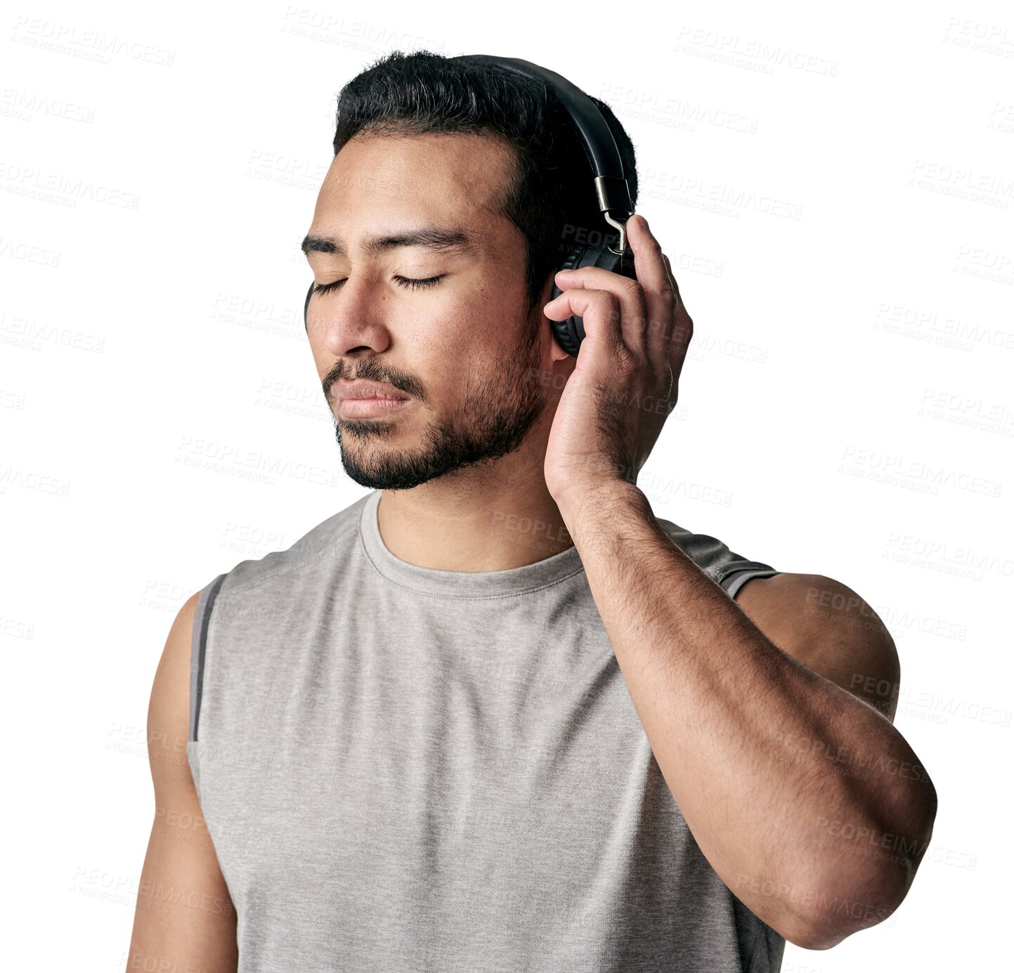 Buy stock photo Face, meditation and man with music headphones isolated on a transparent png background. Radio, fitness and serious athlete listening to podcast, audio or sound after workout, training or sports.