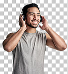 PNG studio shot of a sporty young man wearing headphones against a white backgroundisolated on a transparent PNG background